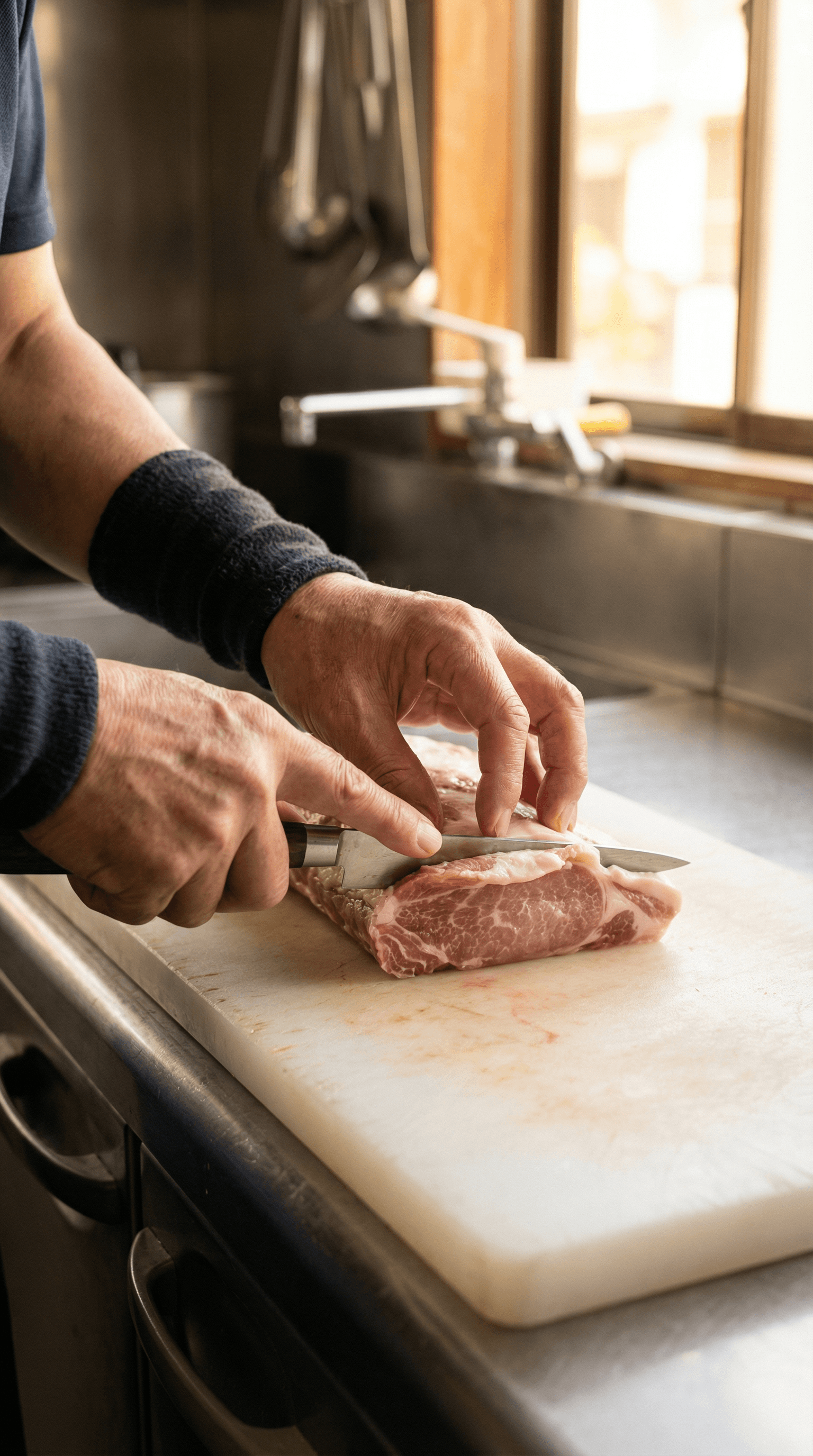 生産者が丁寧にお肉を扱っている手元のクローズアップ